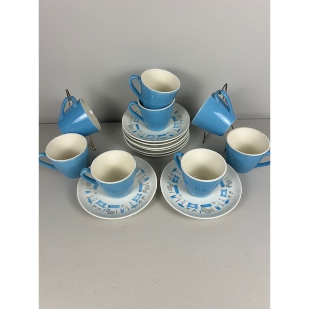 Vintage Mid Century Modern Atomic Kitchen Blue Tea Coffee Cup Saucer Set of Two - Picture 3 of 9